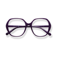 
Purple oversized cat-eye eyeglasses with clear lenses and matching temples.