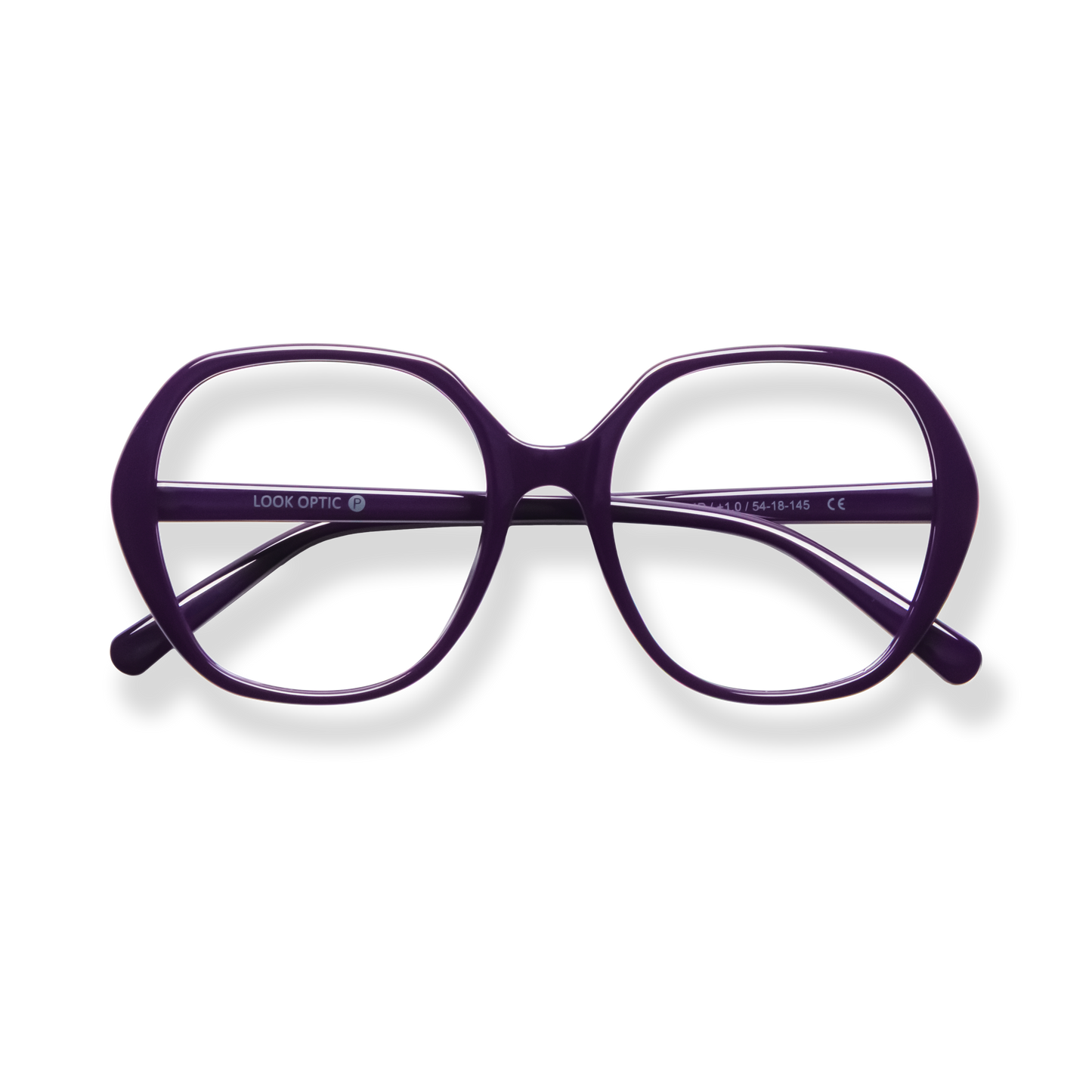 
Purple oversized cat-eye eyeglasses with clear lenses and matching temples.