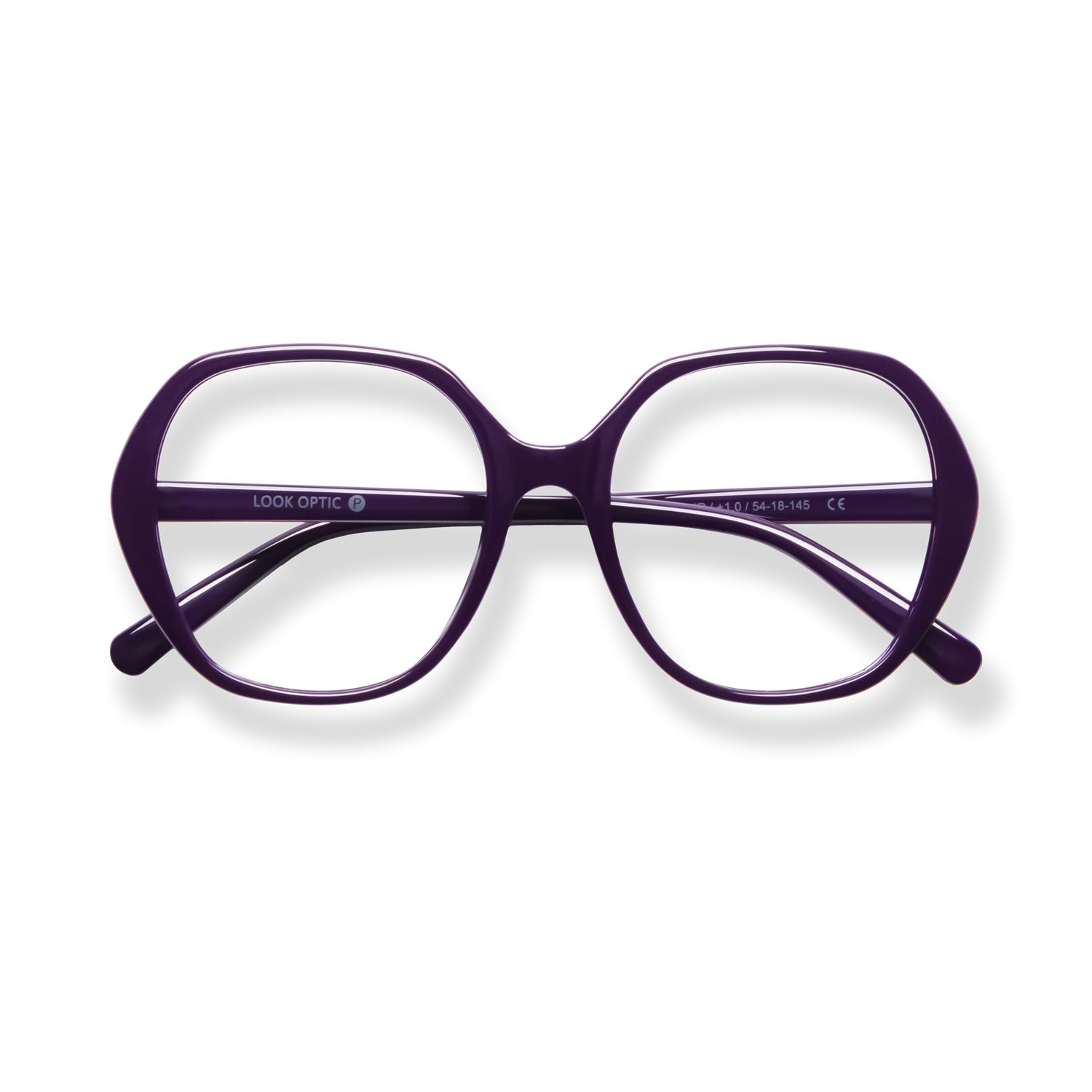 
Purple oversized cat-eye eyeglasses with clear lenses and matching temples.