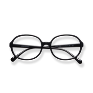 
Black round eyeglasses with a glossy frame and clear lenses.