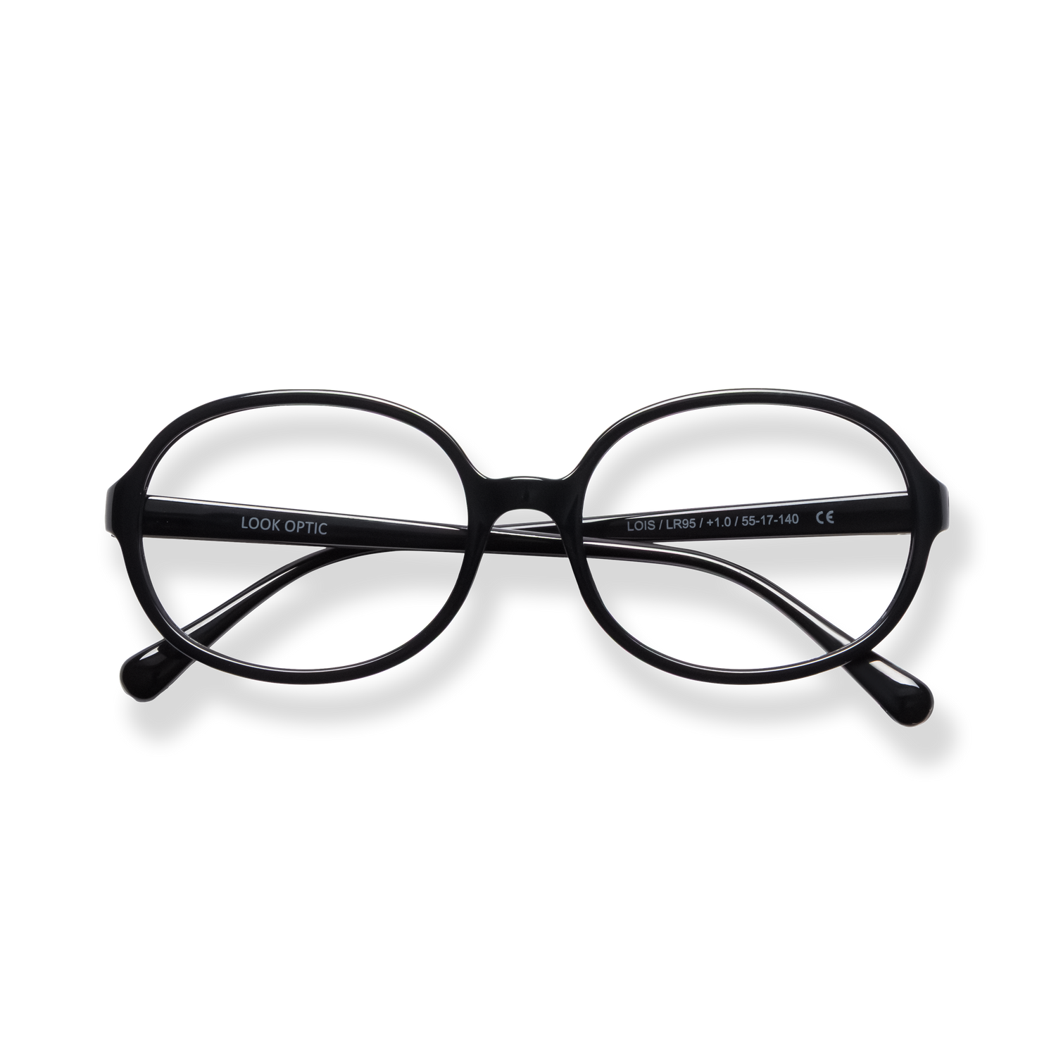 
Black round eyeglasses with a glossy frame and clear lenses.