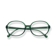
Dark green round eyeglasses with clear lenses and matching temple arms.