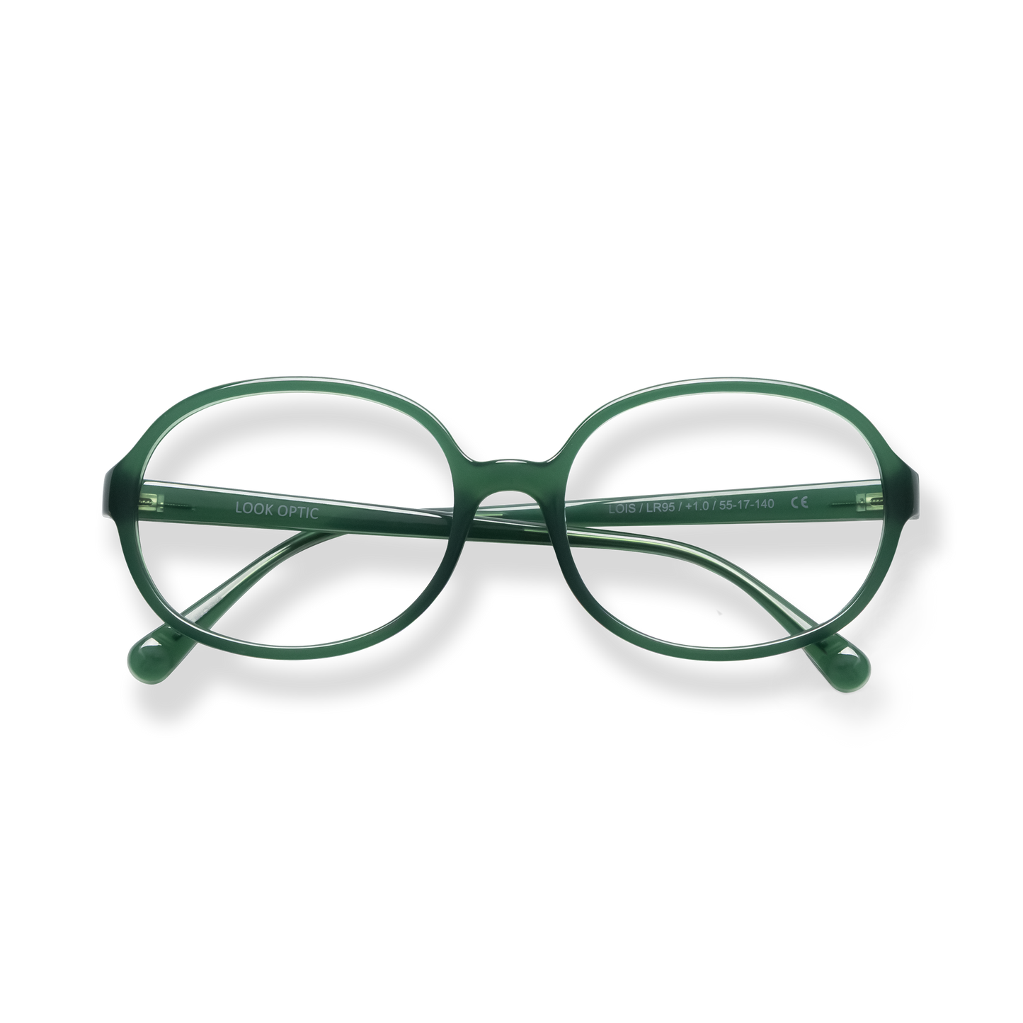 
Dark green round eyeglasses with clear lenses and matching temple arms.
