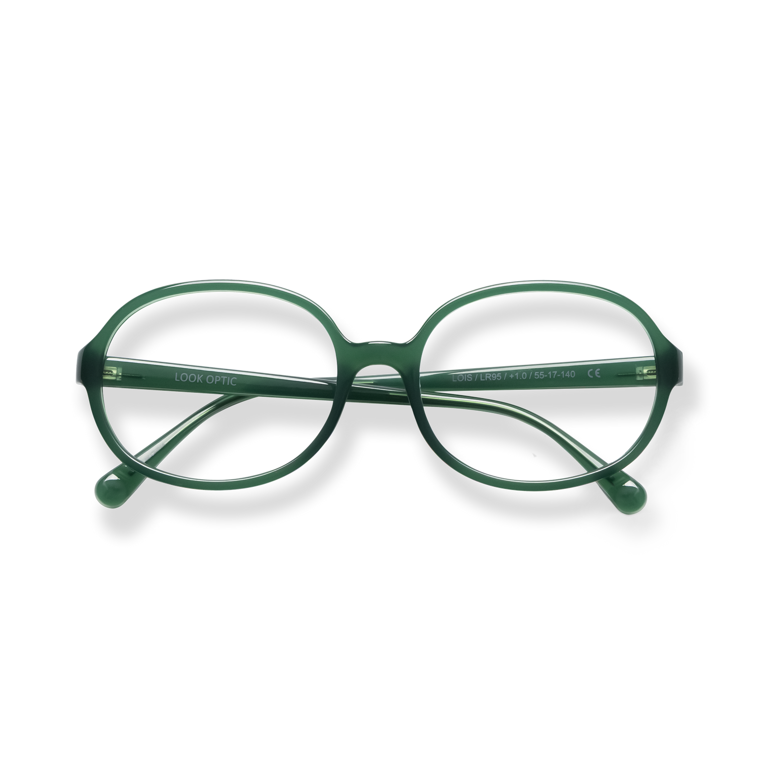 
Dark green round eyeglasses with clear lenses and matching temple arms.