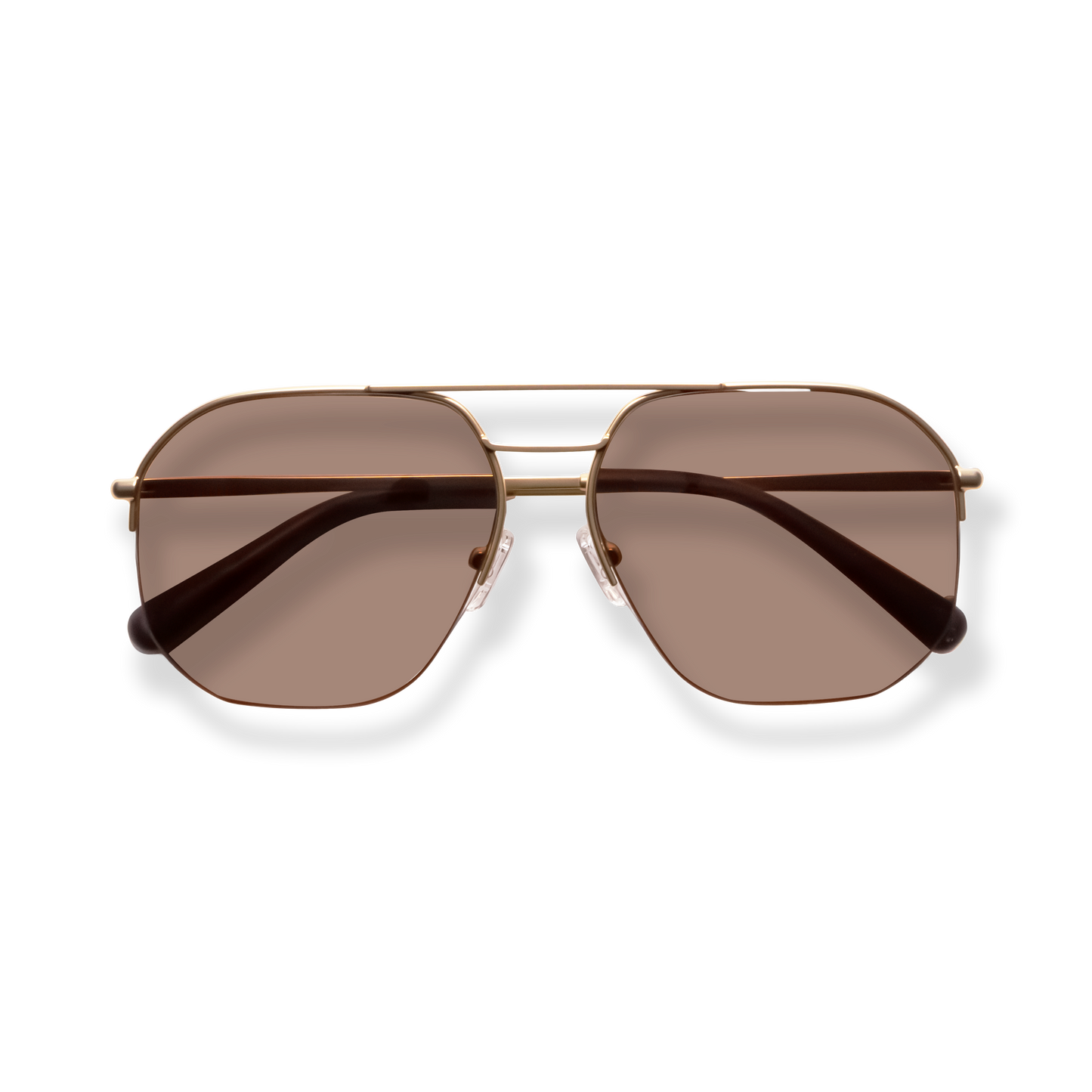 
Brown aviator sunglasses with gold-tone frames and double bridge.