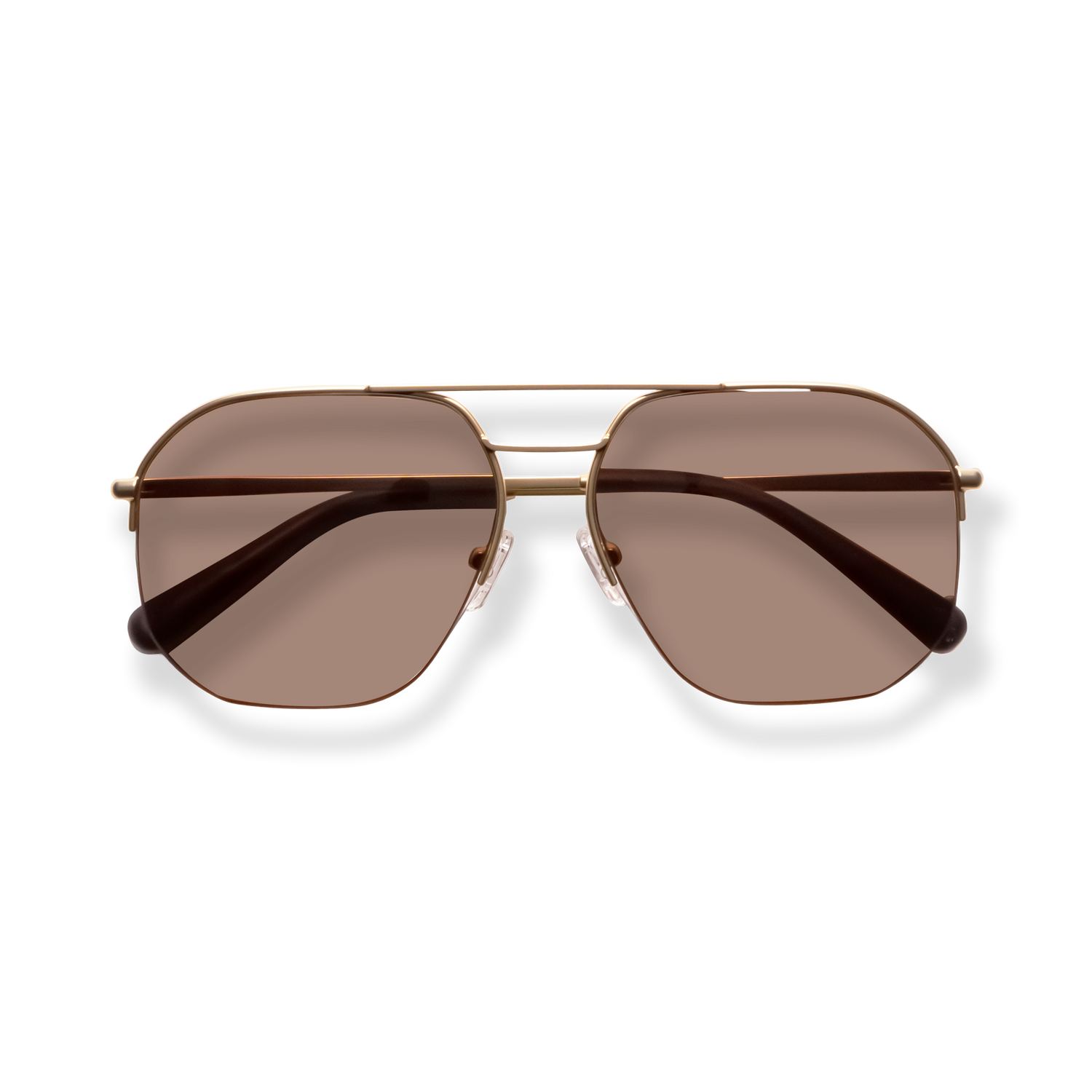 
Brown aviator sunglasses with gold-tone frames and double bridge.