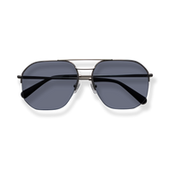 
Black aviator sunglasses with dark blue lenses and a silver metal frame.
