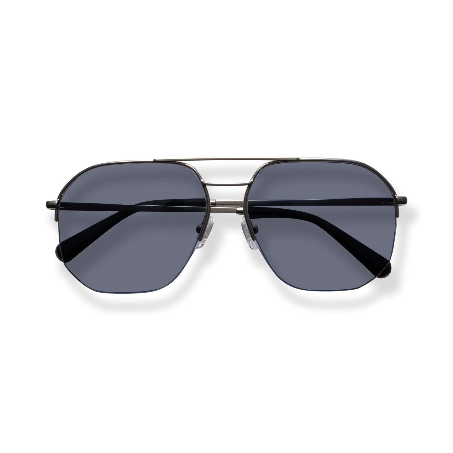 
Black aviator sunglasses with dark blue lenses and a silver metal frame.