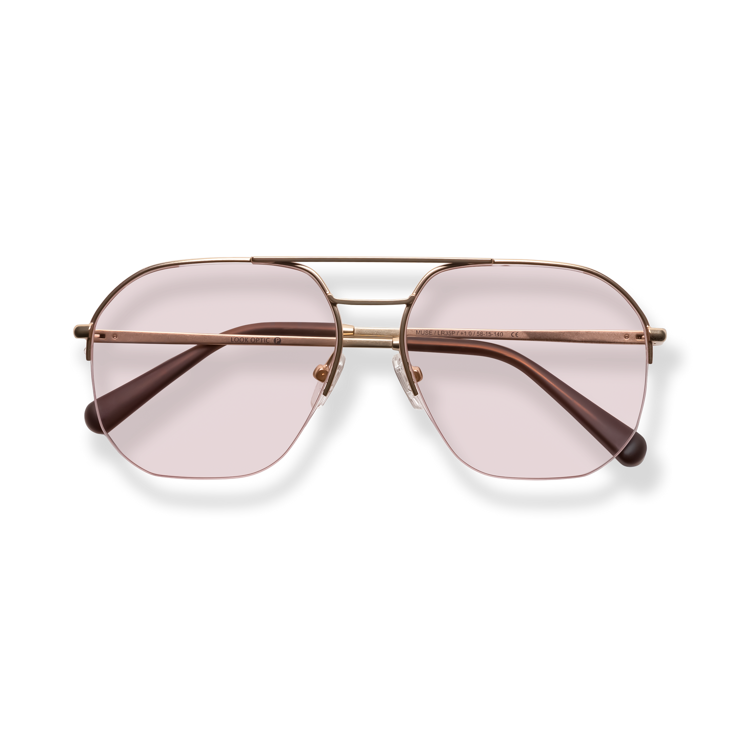 
Rose gold aviator sunglasses with pink-tinted lenses and double bridge.