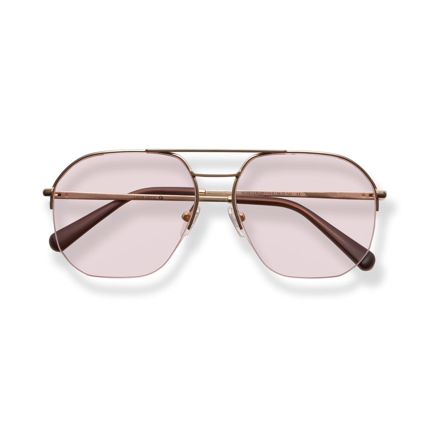 
Rose gold aviator sunglasses with pink-tinted lenses and double bridge.