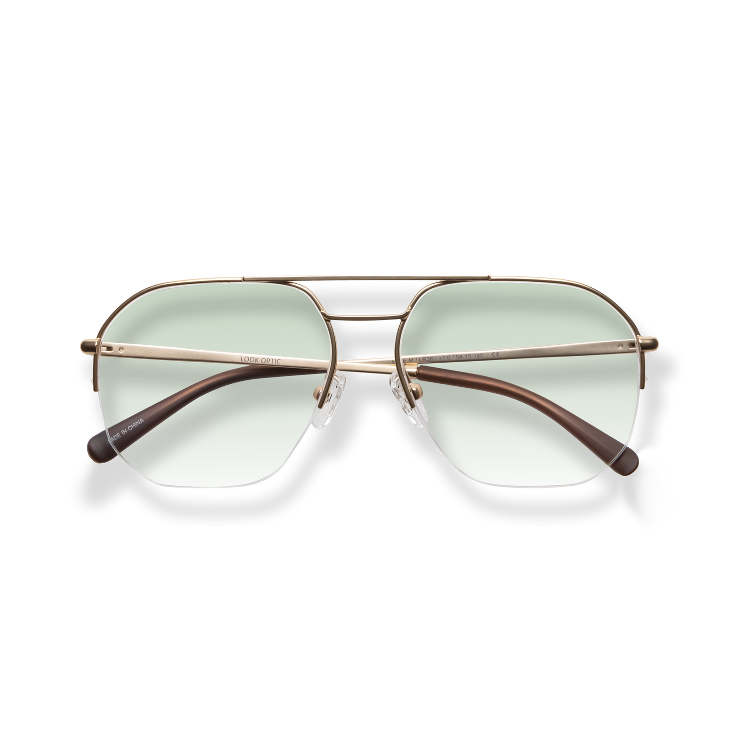 
Gold aviator sunglasses with pale green lenses and brown tortoiseshell temples.