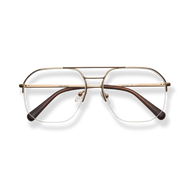 
Gold aviator eyeglasses with brown temple arms and clear lenses.