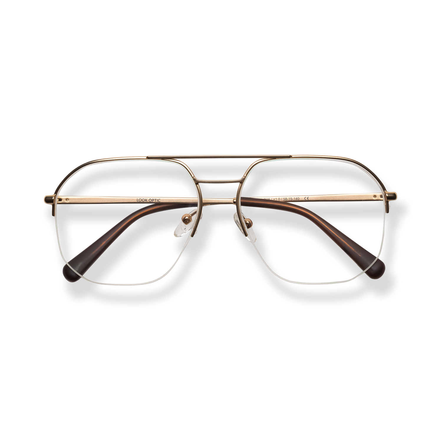 
Gold aviator eyeglasses with brown temple arms and clear lenses.