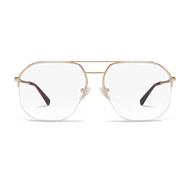 
Square gold frames with clear lenses.