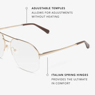 
Square gold frames with clear lenses.