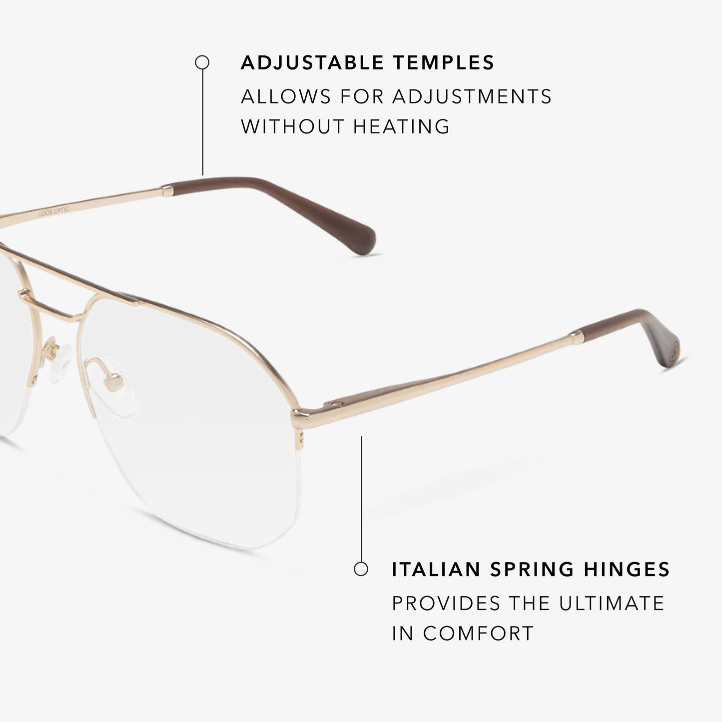 
Square gold frames with clear lenses.
