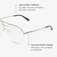 
Square silver frames with a clear lens tint.