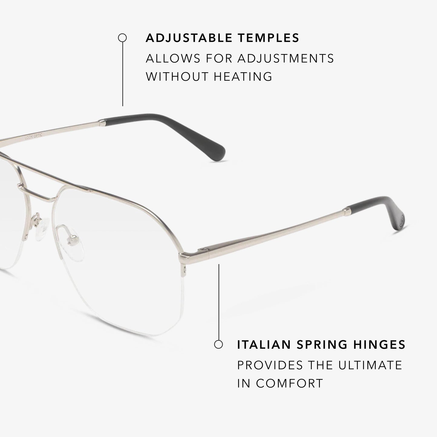 
Square silver frames with a clear lens tint.