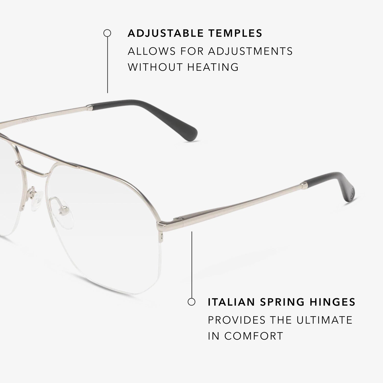 
Square silver frames with a clear lens tint.