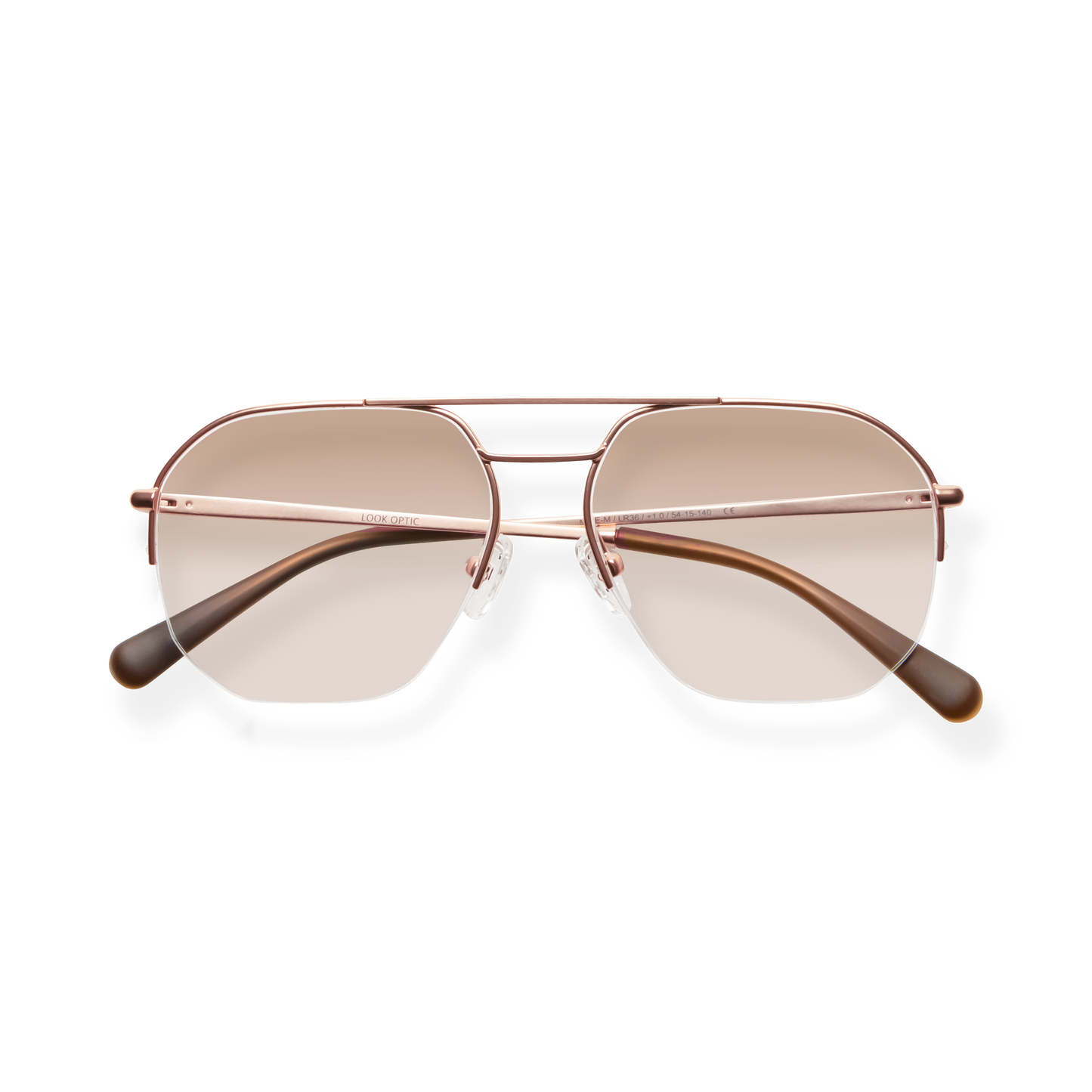 
Rose gold aviator sunglasses with brown gradient lenses and tortoiseshell temple tips.