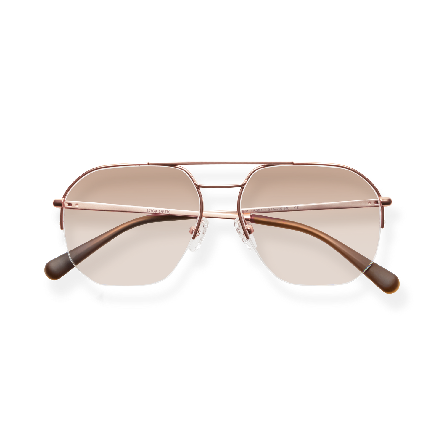 
Rose gold aviator sunglasses with brown gradient lenses and tortoiseshell temple tips.