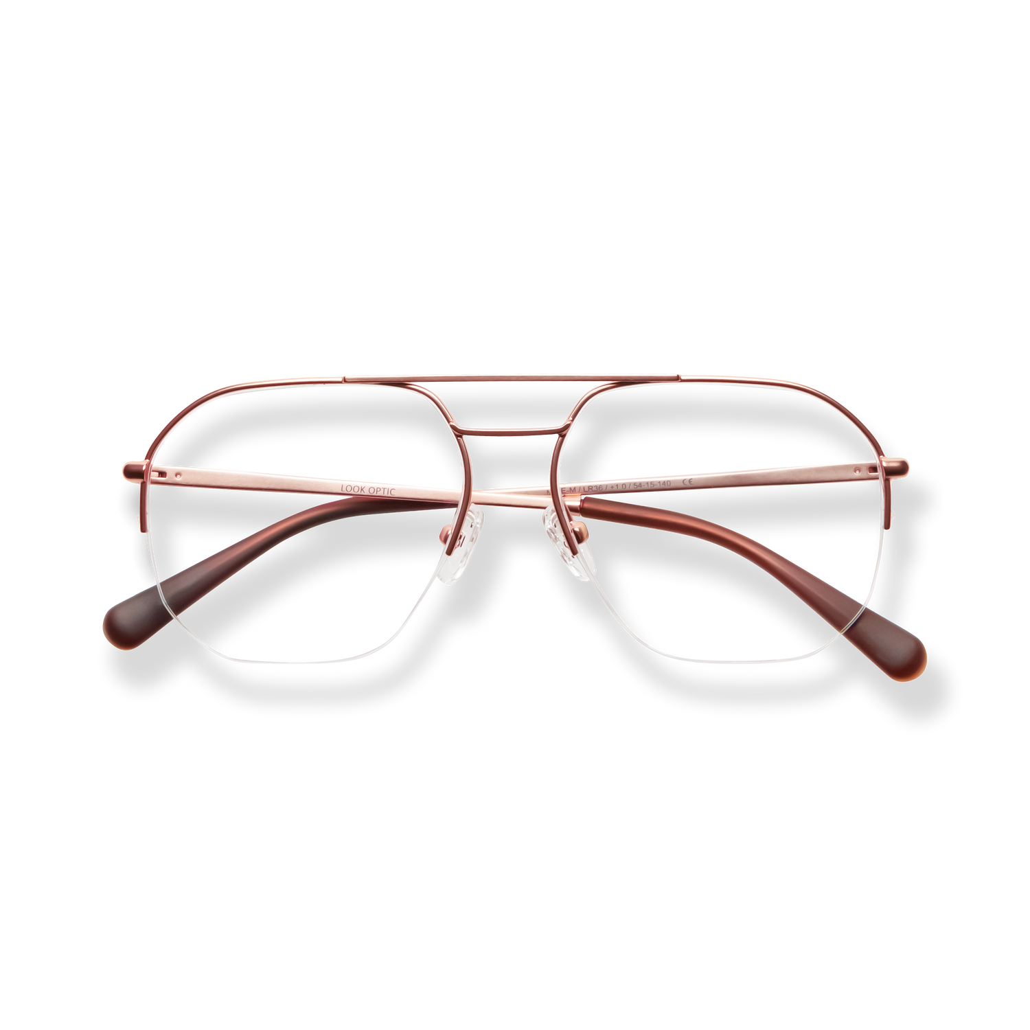 
Rose gold aviator glasses with brown tortoiseshell temples.