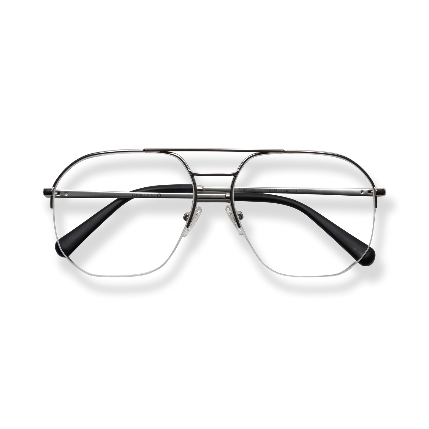
Black metal aviator eyeglasses with double bridge and clear lenses.