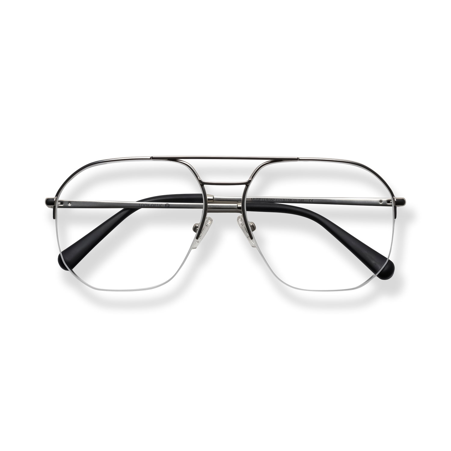 
Black metal aviator eyeglasses with double bridge and clear lenses.