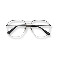 
Black metal aviator eyeglasses with double bridge and clear lenses.