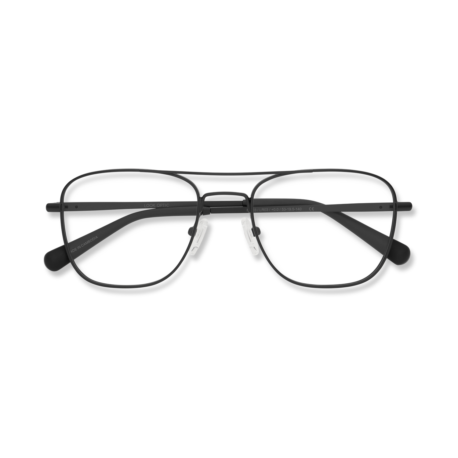 
Matte black aviator-style eyeglasses with a double bridge and clear lenses, folded and shown from above.