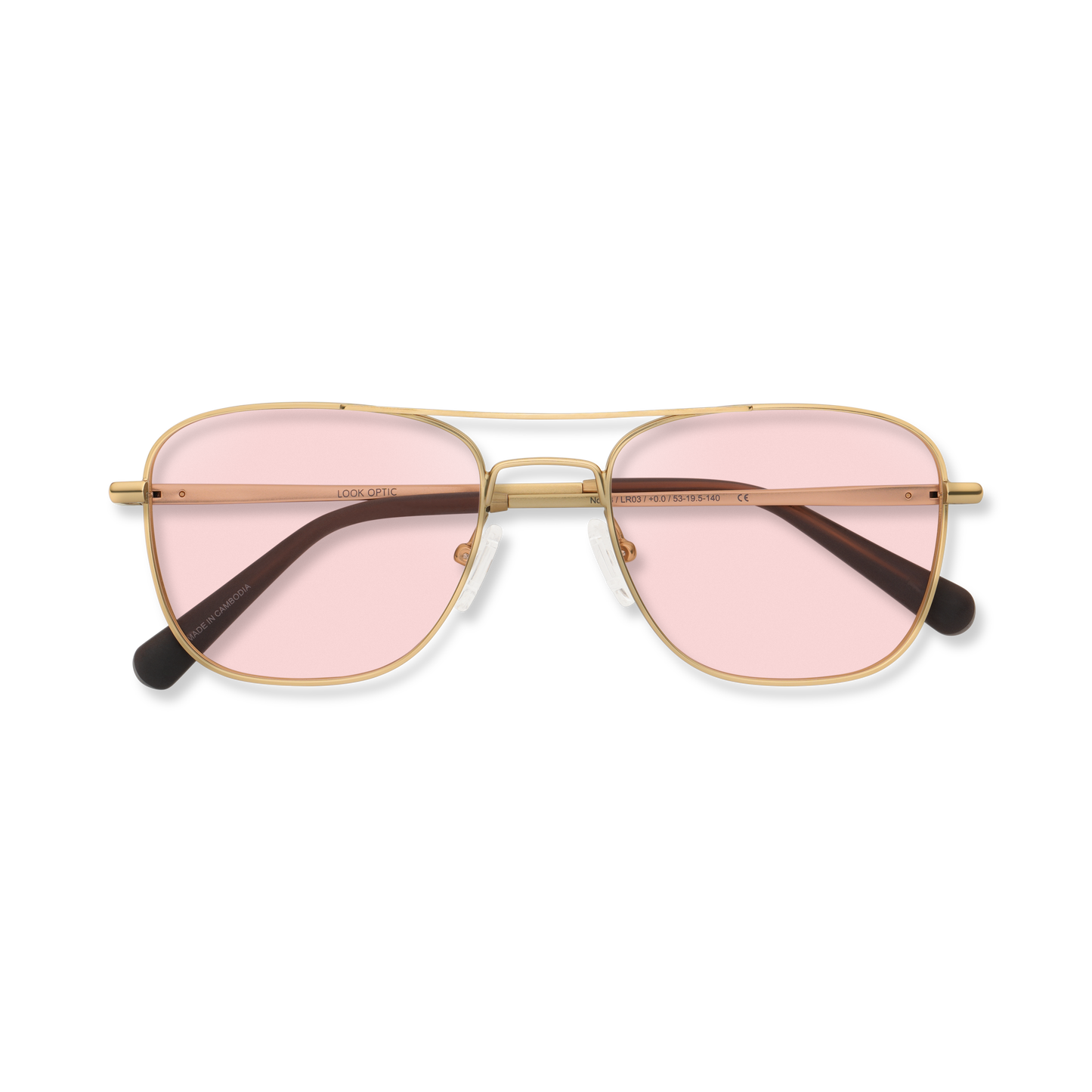 
Gold aviator-style eyeglasses with a double bridge and light pink tinted lenses, folded and shown from above.