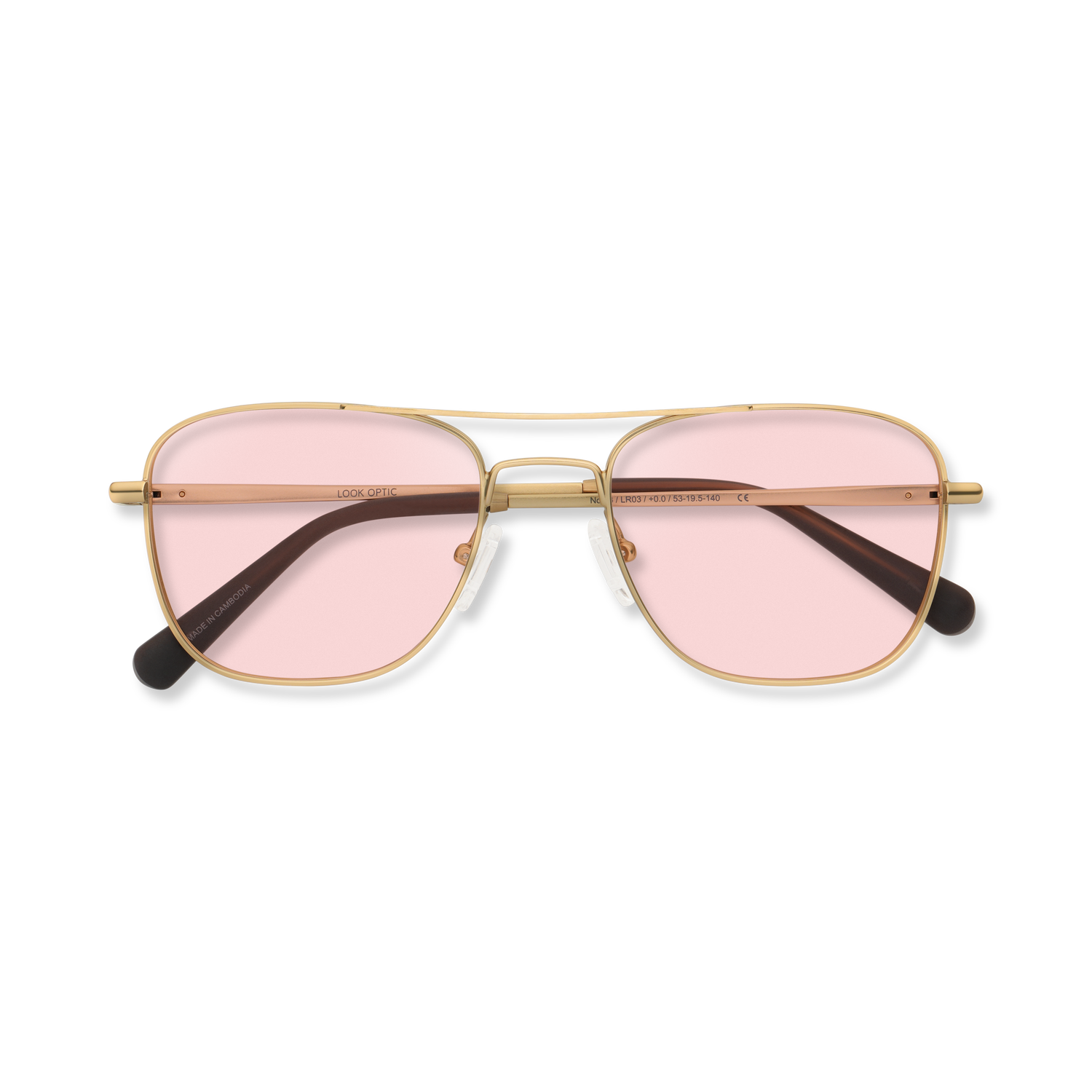 
Gold aviator-style eyeglasses with a double bridge and light pink tinted lenses, folded and shown from above.