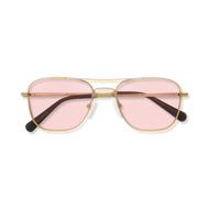 
Gold aviator-style eyeglasses with a double bridge and light pink tinted lenses, folded and shown from above.