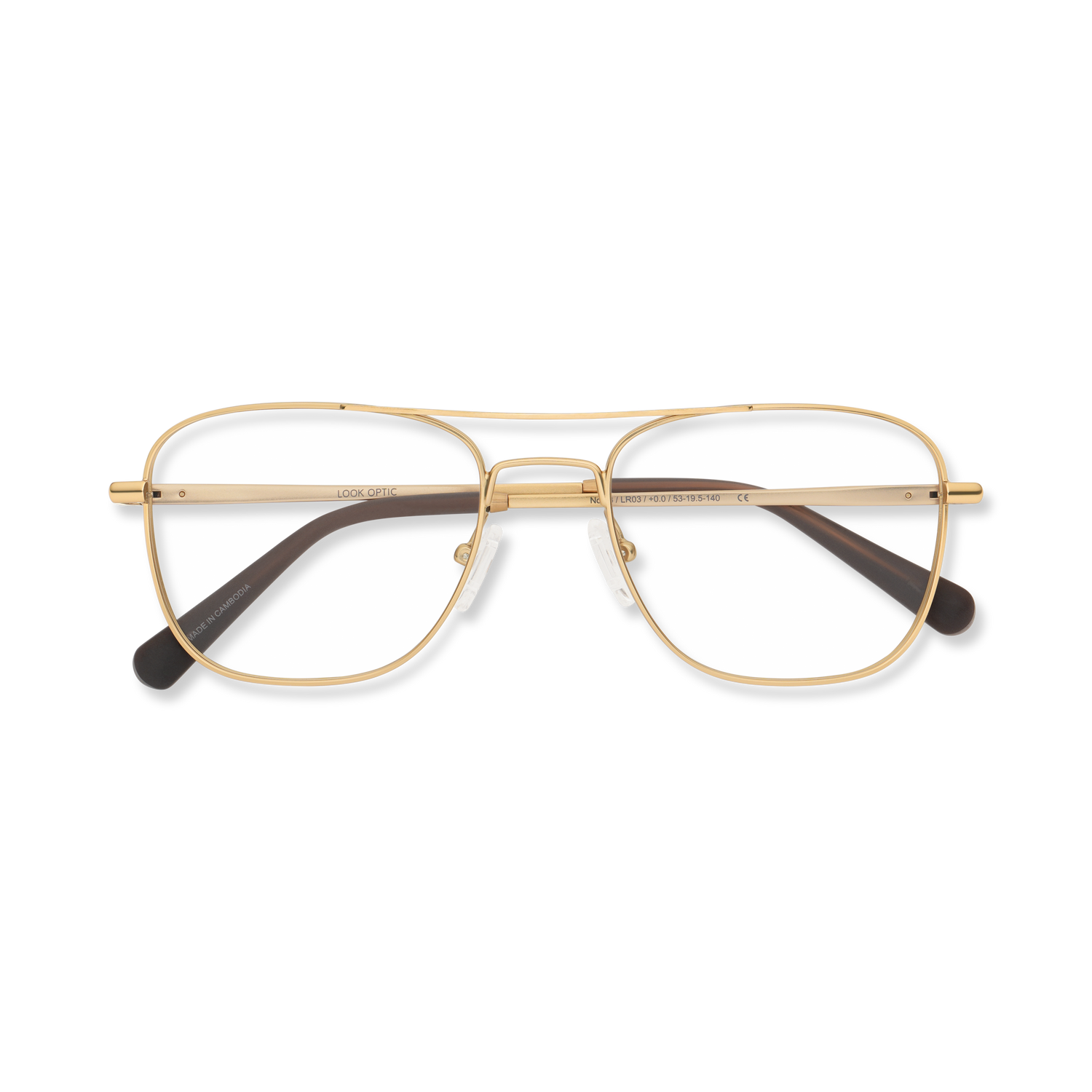 
Gold aviator-style eyeglasses with a double bridge and clear lenses, folded and shown from above.
