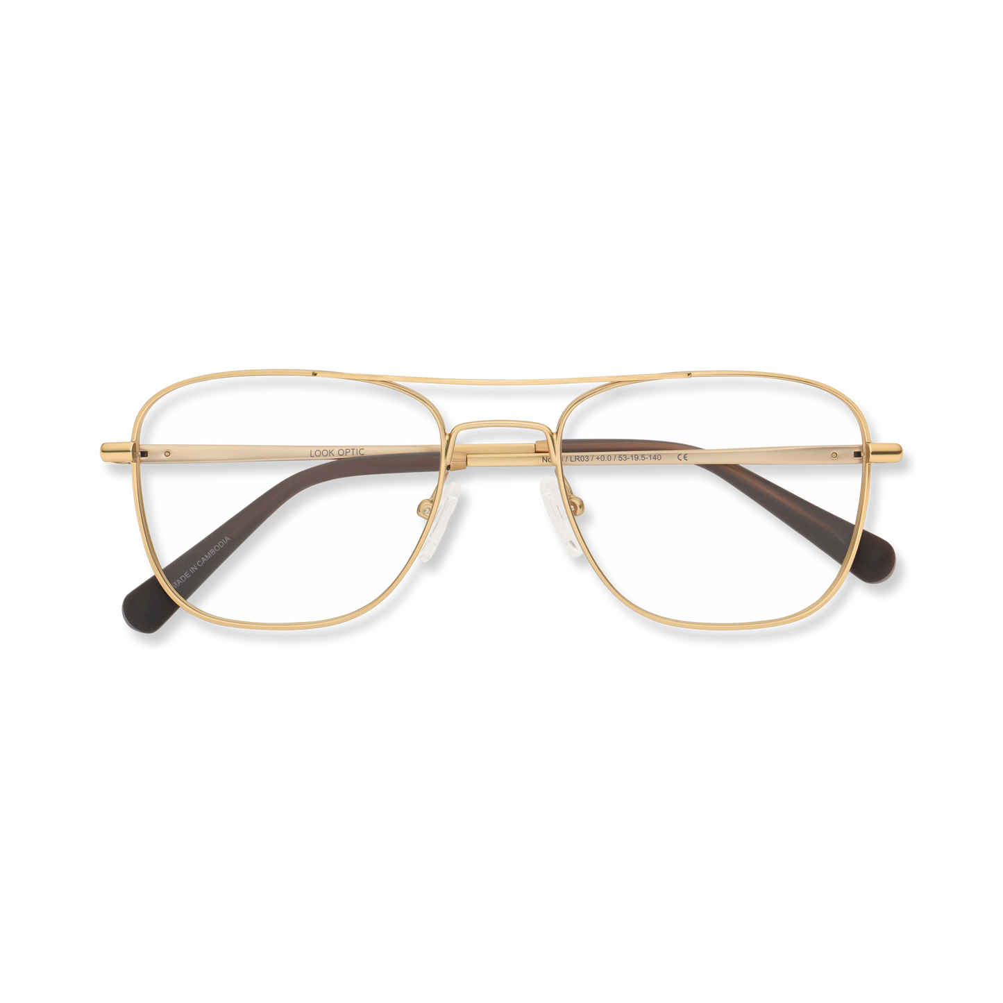 
Gold aviator-style eyeglasses with a double bridge and clear lenses, folded and shown from above.