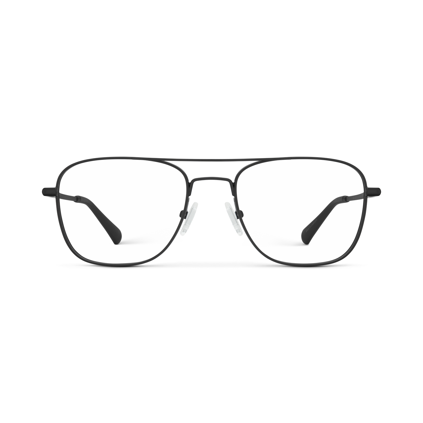 
Matte black aviator-style eyeglasses with a double bridge and clear lenses.