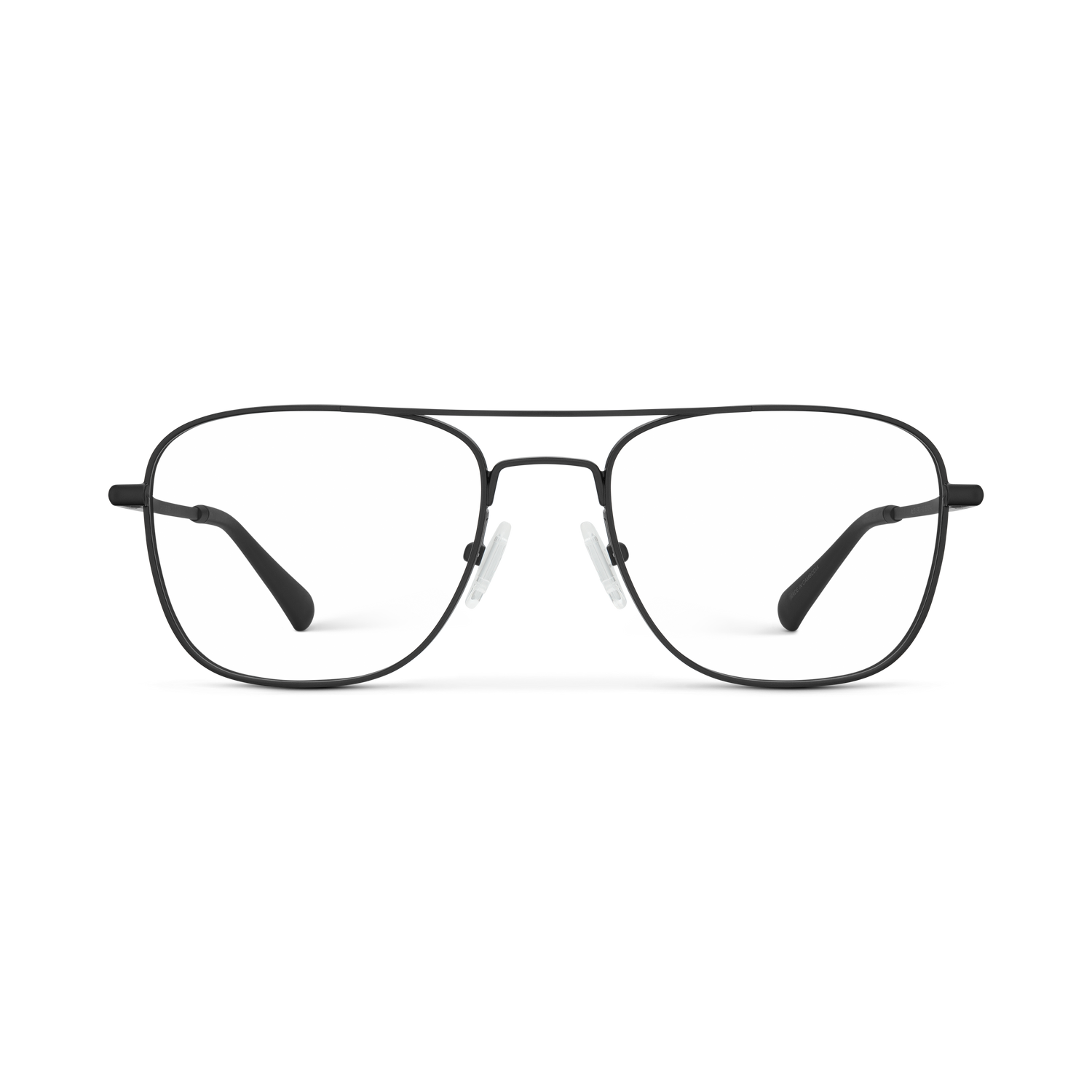 
Matte black aviator-style eyeglasses with a double bridge and clear lenses.