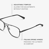 
Matte black aviator-style eyeglasses with a double bridge and clear lenses, shown in a close angled view highlighting the adjustable temples and Italian spring hinges.