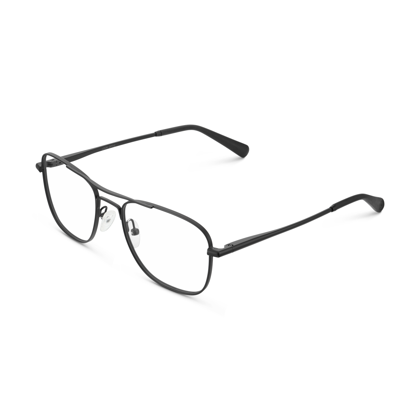 
Matte black aviator-style eyeglasses with a double bridge and clear lenses, shown from an angled side view.