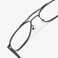 
Matte black aviator-style eyeglasses with a double bridge and clear lenses, shown in a close rear angled view highlighting the double bridge and adjustable nose pads.