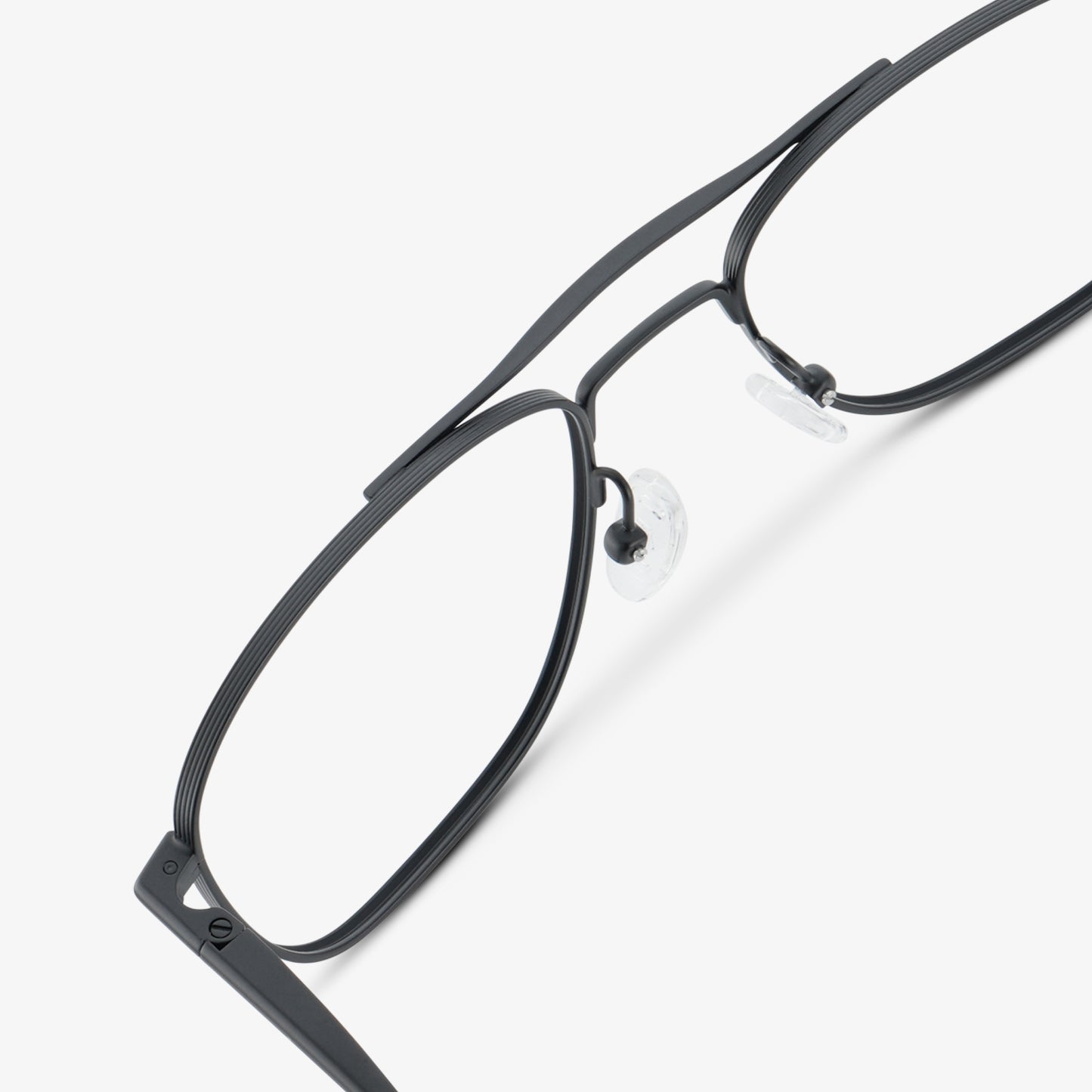 
Matte black aviator-style eyeglasses with a double bridge and clear lenses, shown in a close rear angled view highlighting the double bridge and adjustable nose pads.