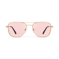 
Gold aviator-style eyeglasses with a double bridge and light pink tinted lenses.