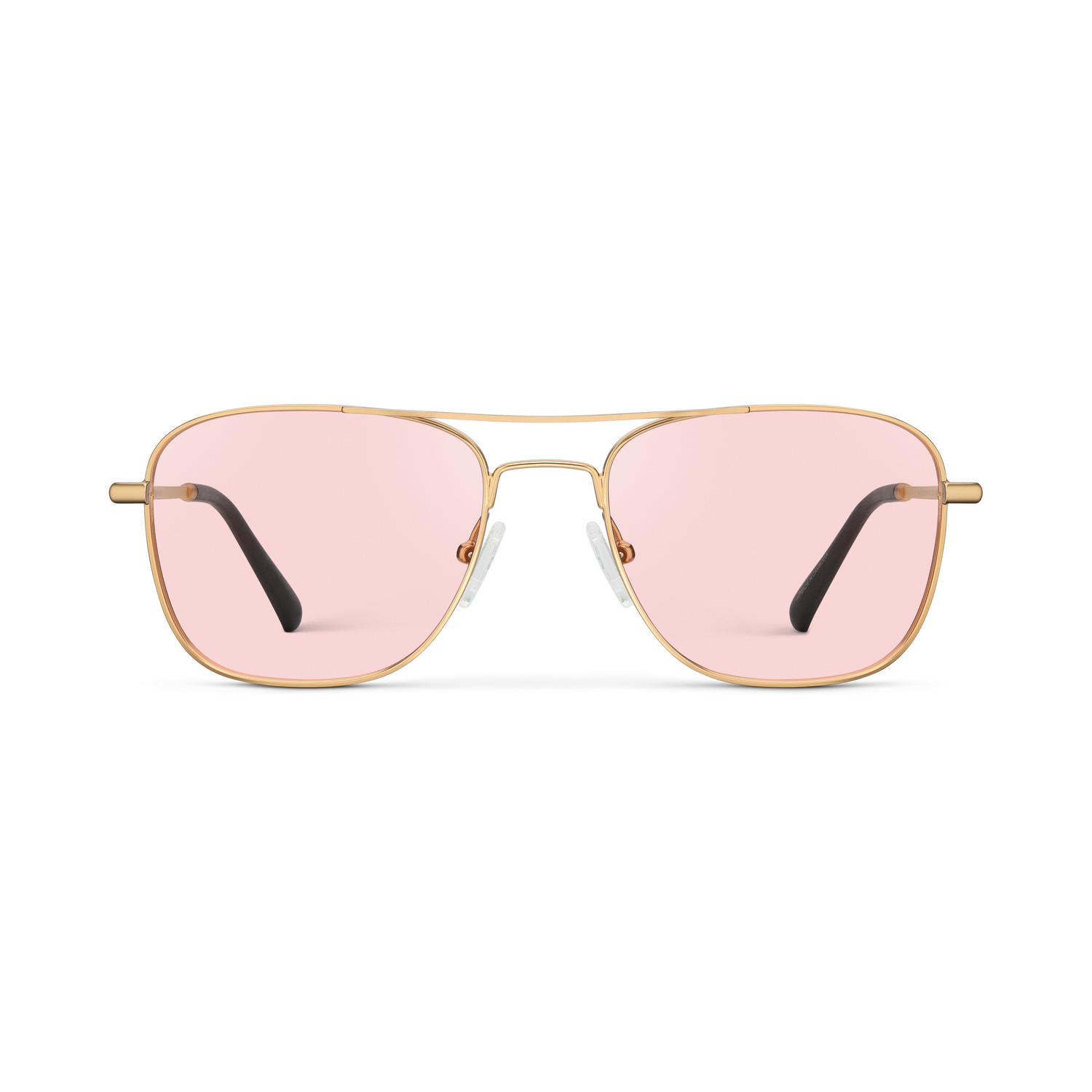 
Gold aviator-style eyeglasses with a double bridge and light pink tinted lenses.