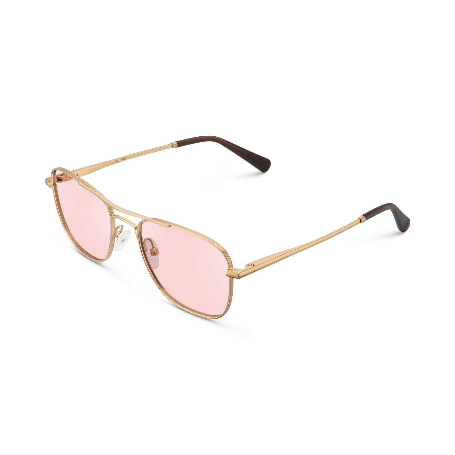 
Gold aviator-style eyeglasses with a double bridge and light pink tinted lenses, shown from an angled side view.