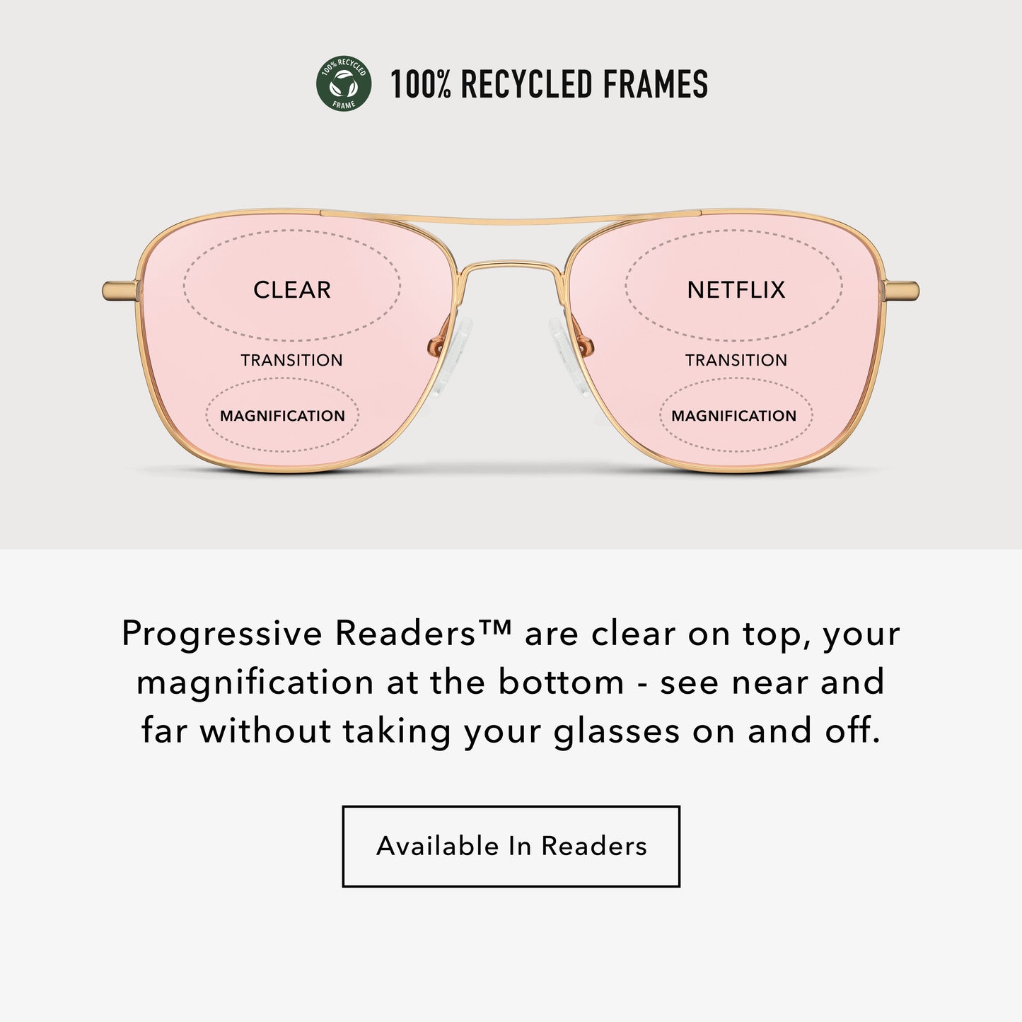 
Infographic showing gold aviator frames with pink tinted progressive lenses, clear on top and magnification at the bottom.