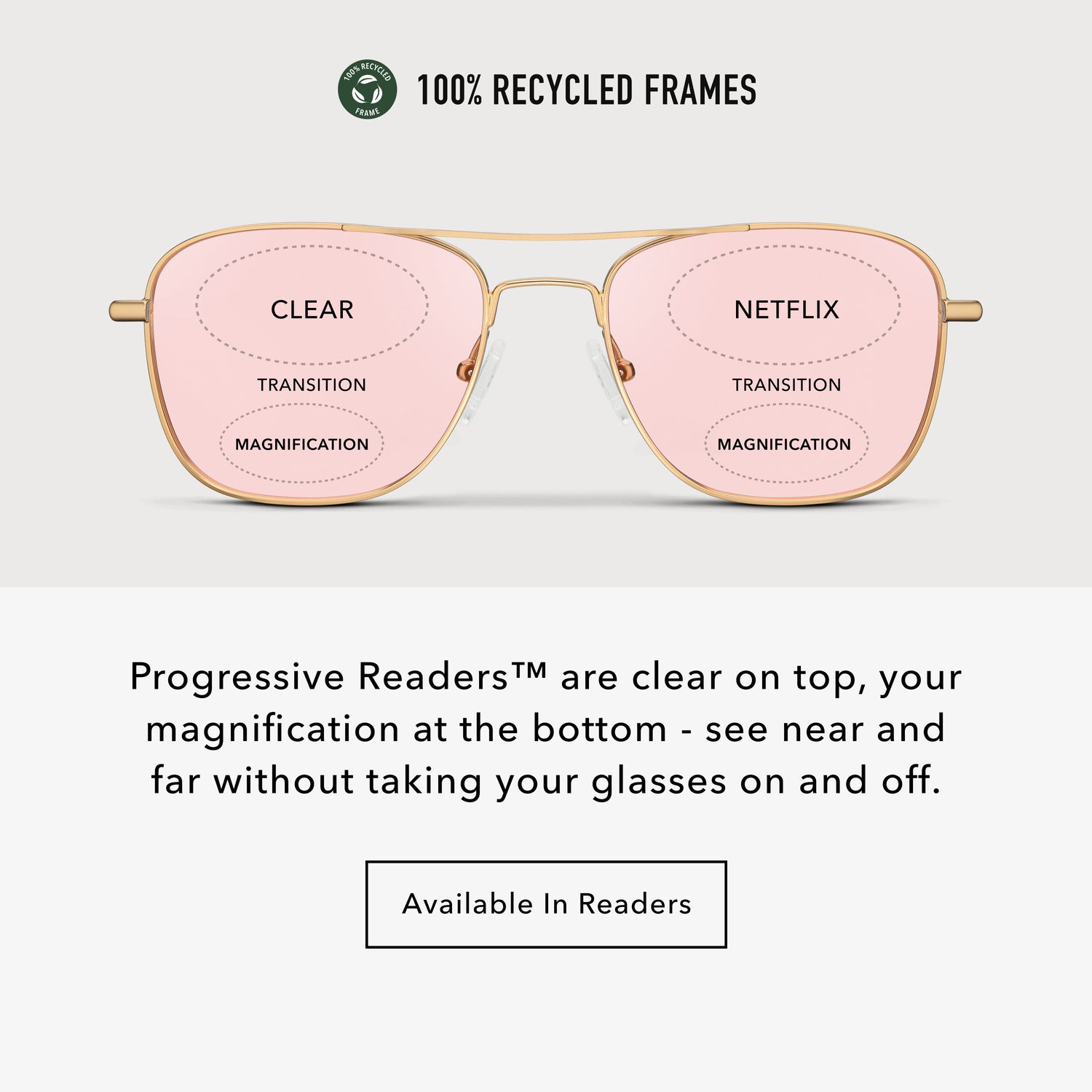 
Infographic showing gold aviator frames with pink tinted progressive lenses, clear on top and magnification at the bottom.