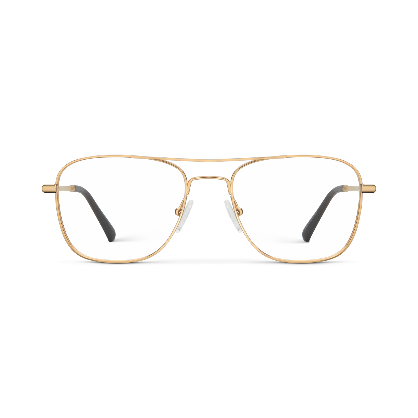 
Gold aviator-style eyeglasses with a double bridge and clear lenses.