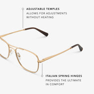 
Gold aviator-style eyeglasses with a double bridge and clear lenses, shown in a close angled view highlighting the adjustable temples and Italian spring hinges.