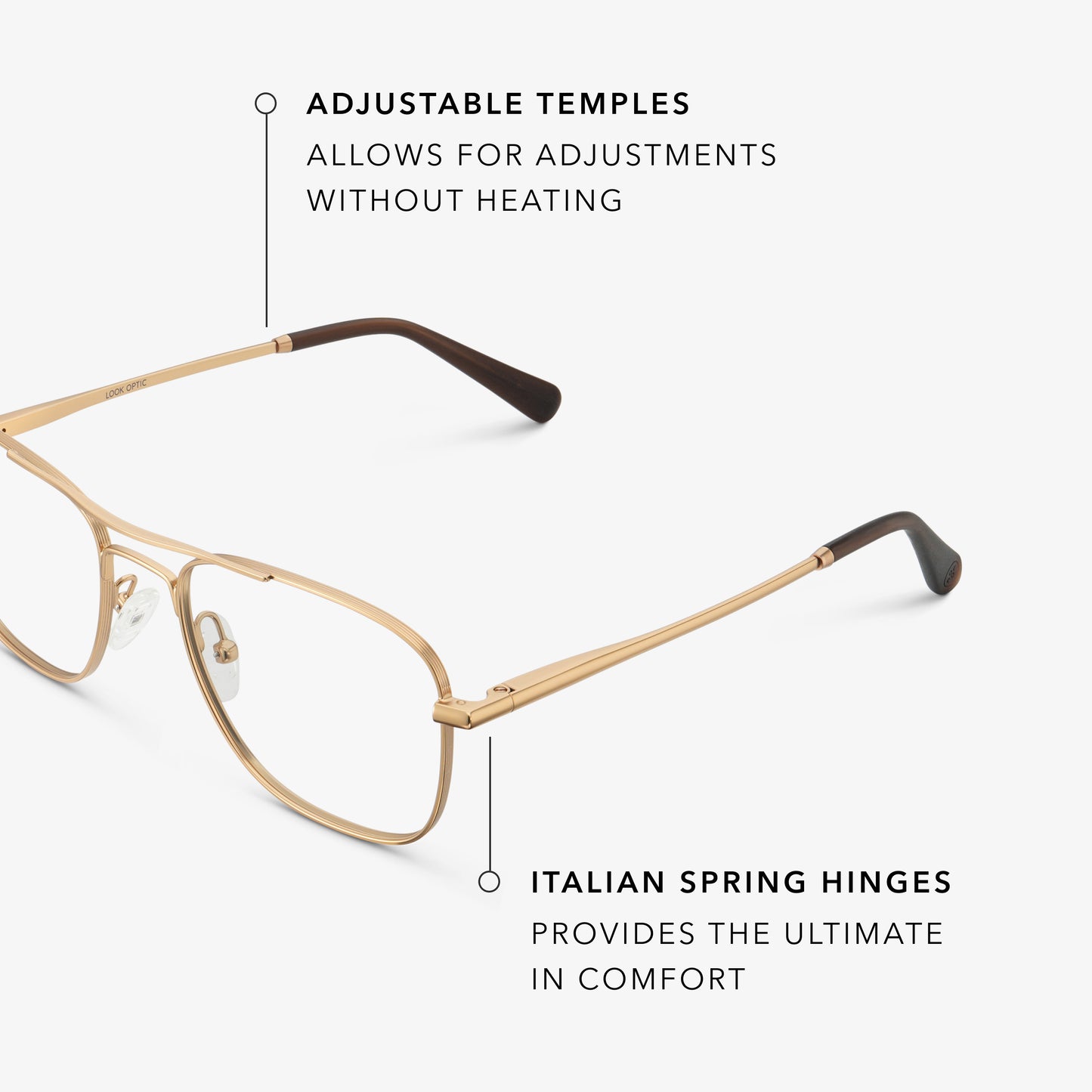 
Gold aviator-style eyeglasses with a double bridge and clear lenses, shown in a close angled view highlighting the adjustable temples and Italian spring hinges.