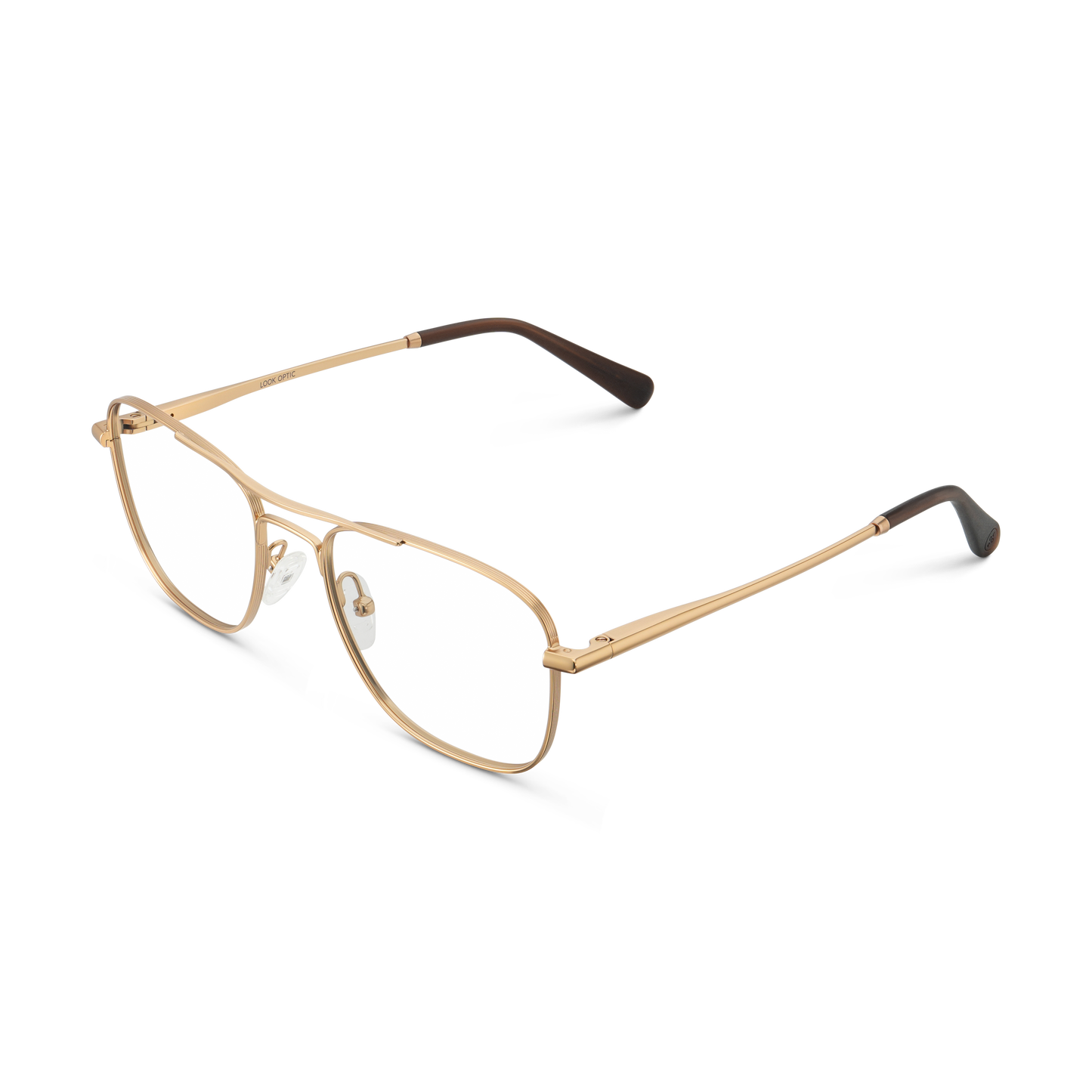 
Gold aviator-style eyeglasses with a double bridge and clear lenses, shown from an angled side view.
